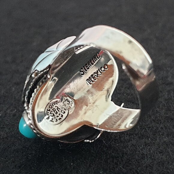 Bold Vintage 1920s Taxco Mexico Turquoise Sterling Silver Art Deco Poison Ring - Picture 7 of 14